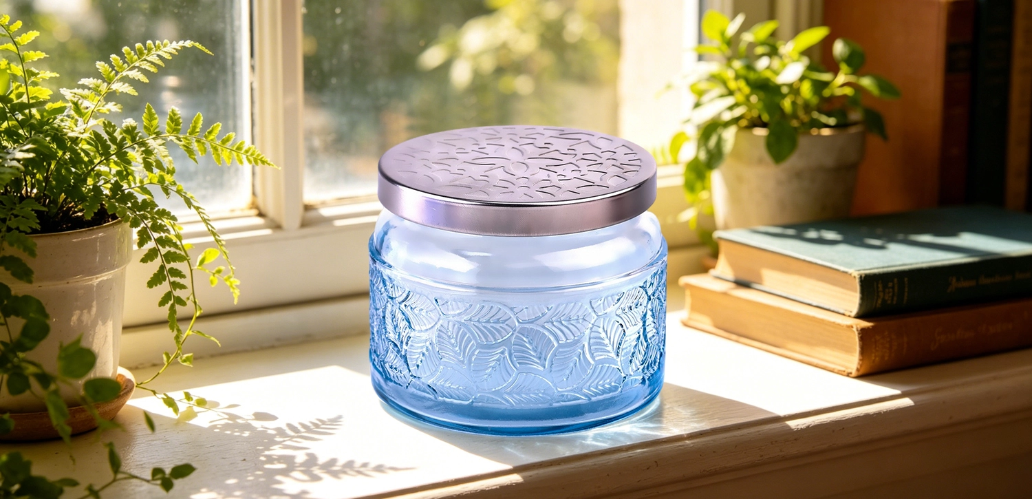Wholesale Sky Blue Embossed Glass Candle Jars with Hammered Silver Metal Lids
