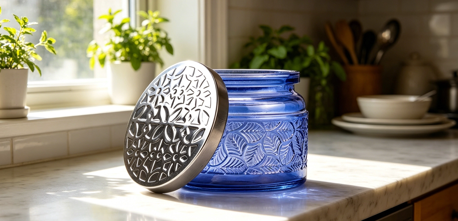 Custom Modern Cobalt Blue Embossed Leaf Glass Candle Jars with Hammered Silver Metal Lid