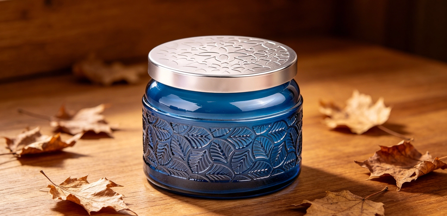 Luxury Blue Glass Candle Jar with Embossed Lid