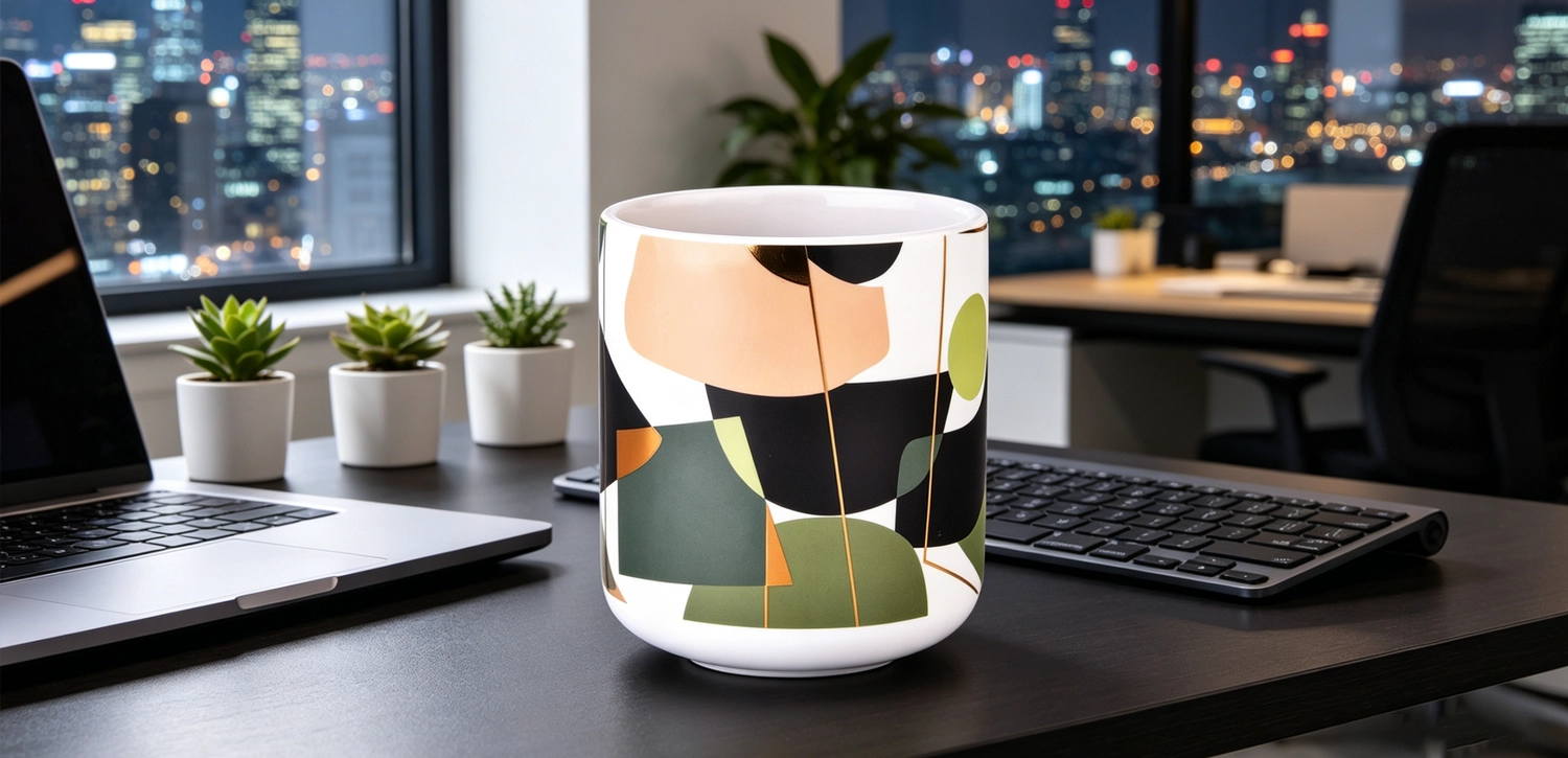 Custom Abstract Art Ceramic Candle Jar with Gold Line Design