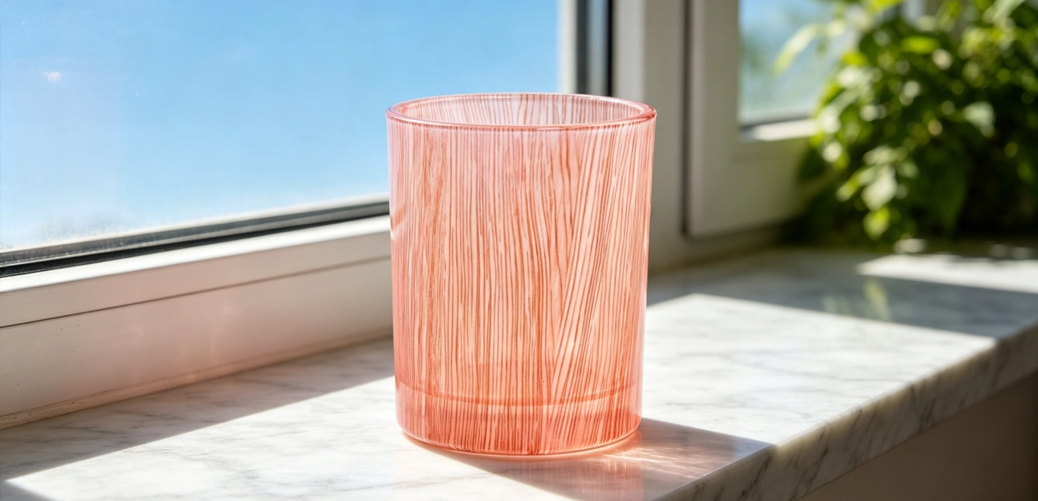 Wholesale Coral Pink Ribbed Glass Candle Jars Custom Luxury Candle Containers