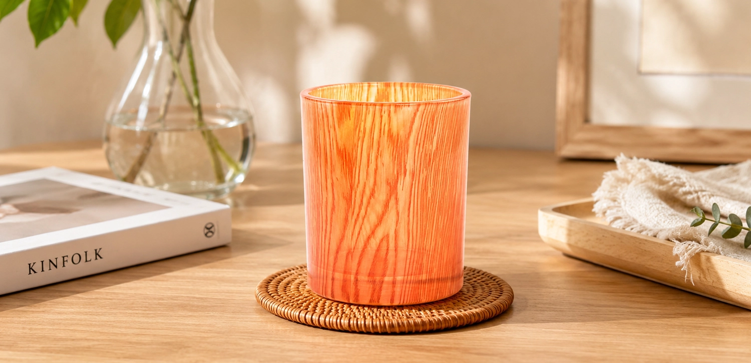 Custom Orange Wood Texture Glass Candle Containers OEM Candle Jar Manufacturer