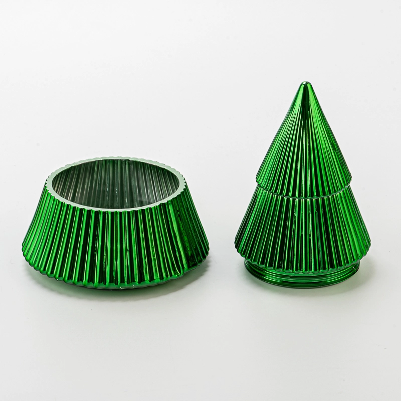 Green Electroplated metal finished Tree Jars Glass base with lids for candle filling