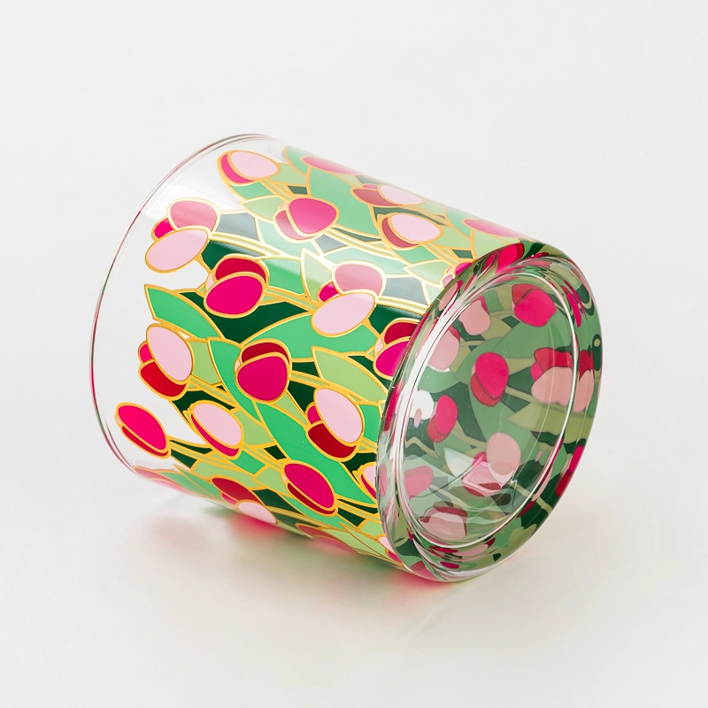 Cylinder glass candle jars with customized flower printing for scented candle filling