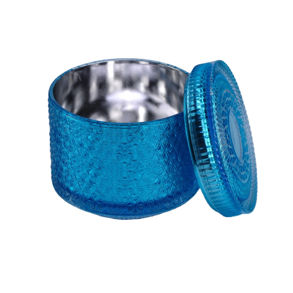 China Wedding table crystal luxury blue spray glass jar candle with lid manufacturer