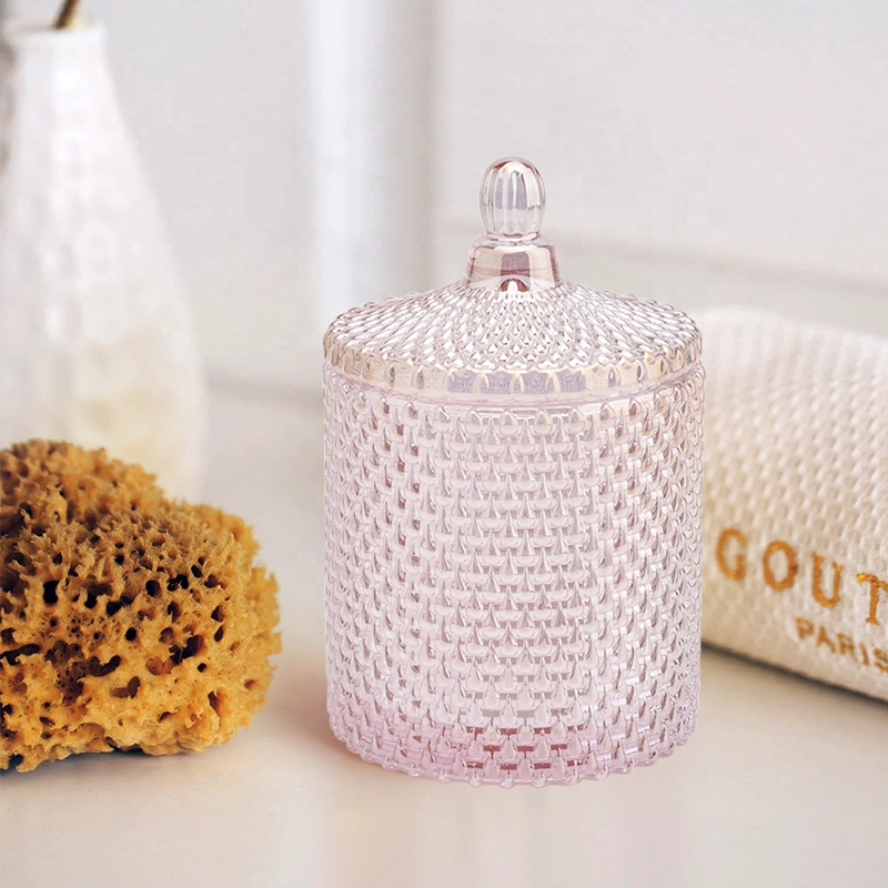 Raindrop Geo Cut glass candle vessel with lid, pink luxury candle holder for home decor