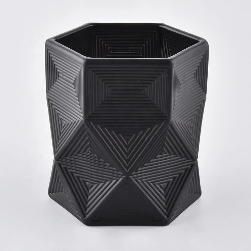 6oz hexagonal luxury black glass candle jars with geo cut design
