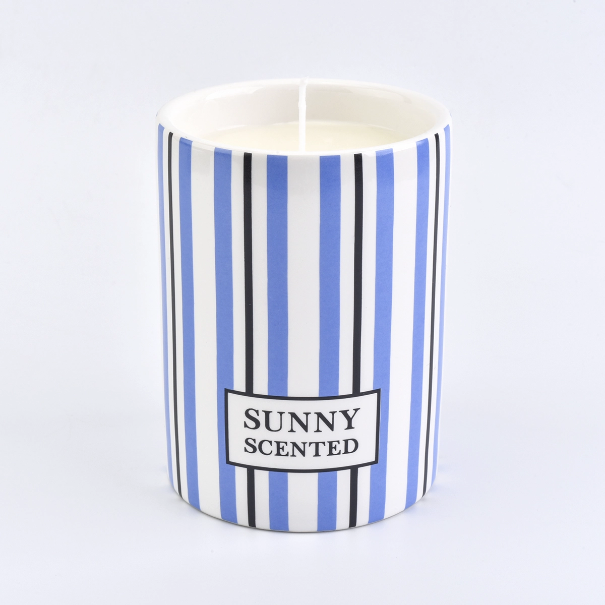 blue ceramic candle jar with stripes, candle holder with custom logo