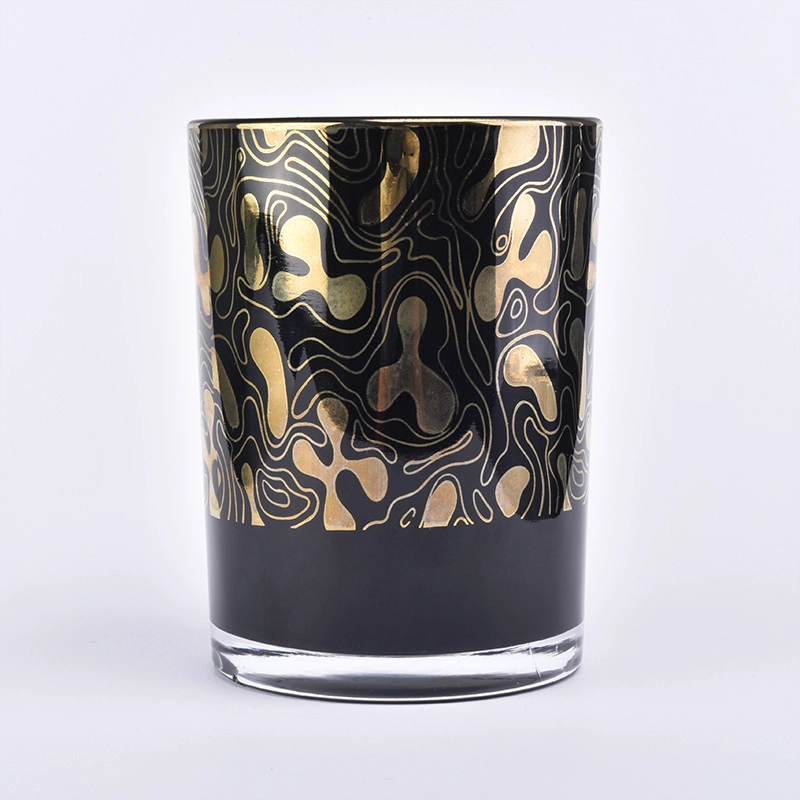 black glass candle container with gold patterns, unique glass candle jar for home decor