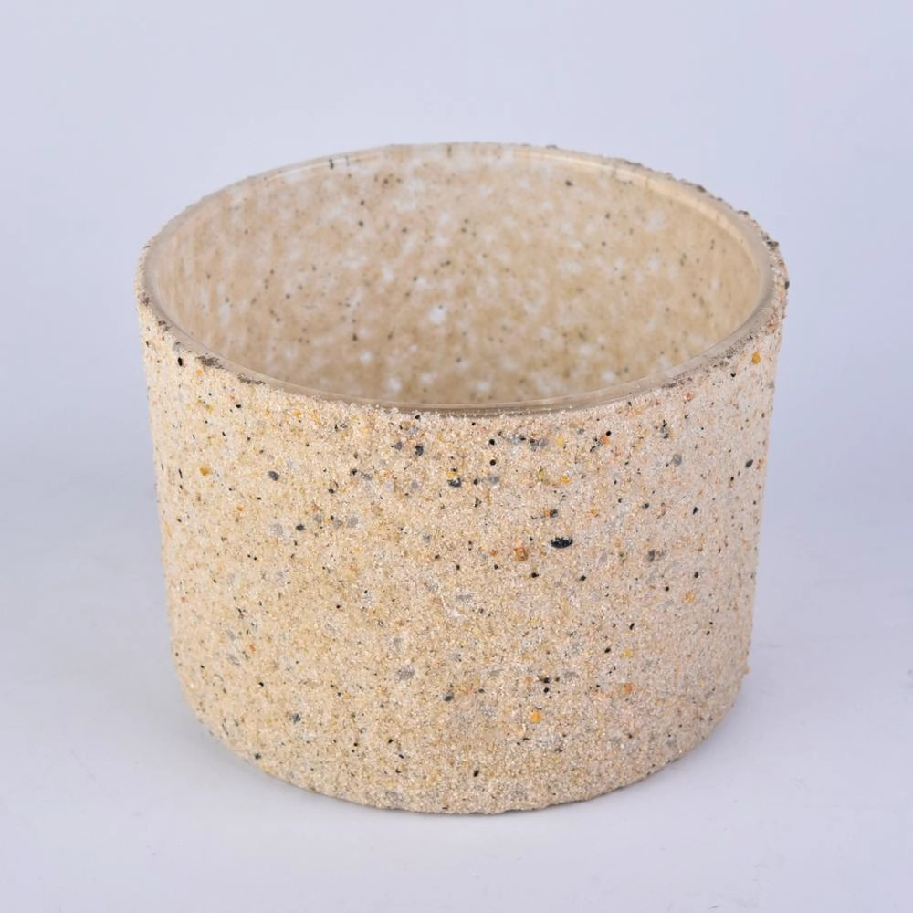 big glass candle jar with sand grain covering, large unique glass candle vessel