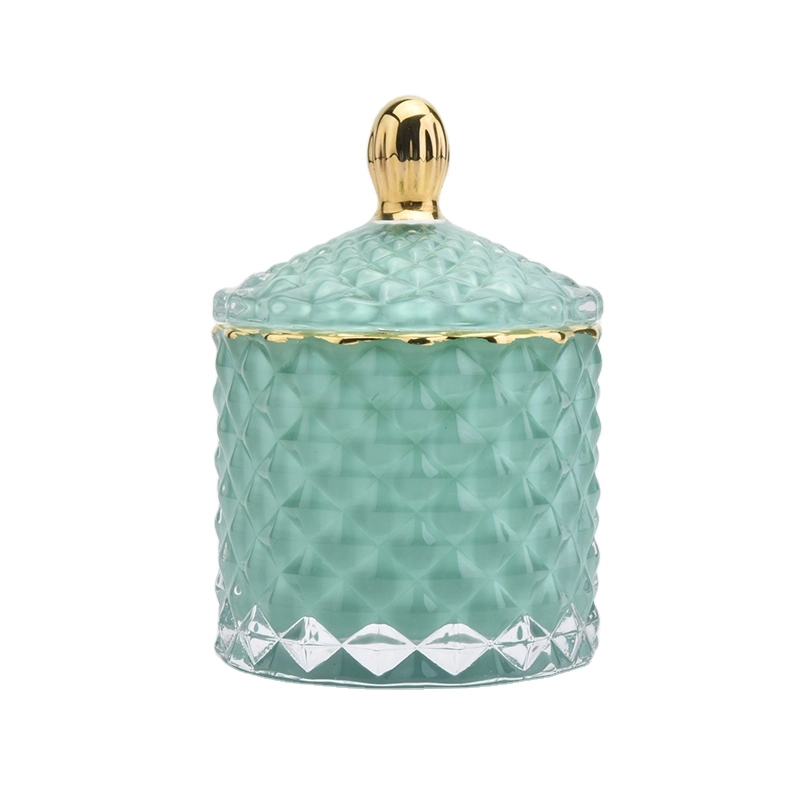 Gold Rim Solid Green Glass Candle Jar with Lids Home Decor Wholesales