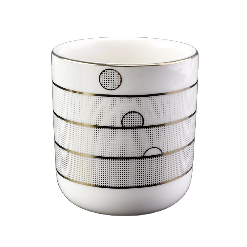 China white ceramic candle jar with gold pattern, unique ceramic candle vessel manufacturer