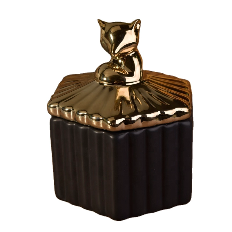 Geo black square ceramic candle jar scented candle container with metal lid home decor
