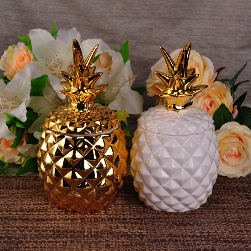 Custom luxury decorative gold white pineapple ceramic candle jars with lid