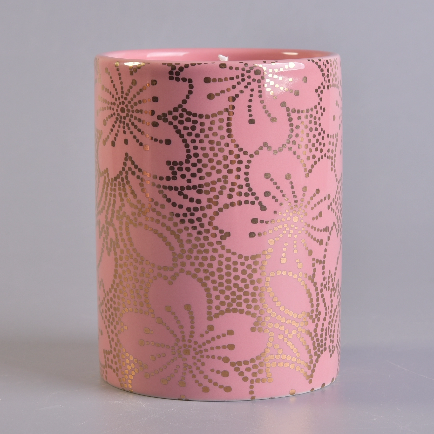 Red glazed candle jars with shiny gold printing, customized ceramic candle jars 310ml