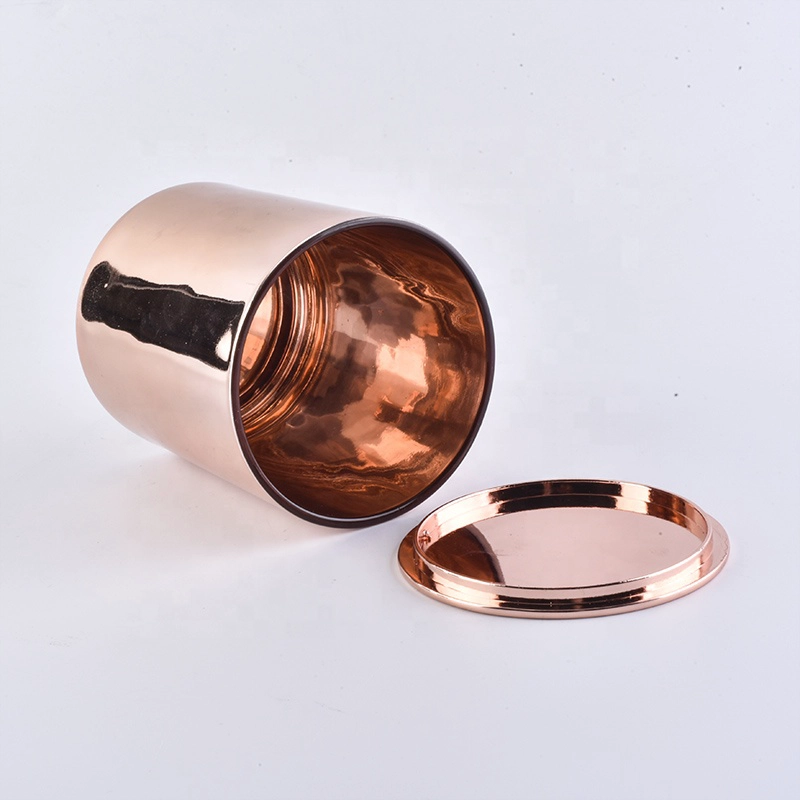 rose gold plating glass candle jar, cylinder glass candle holder with lid