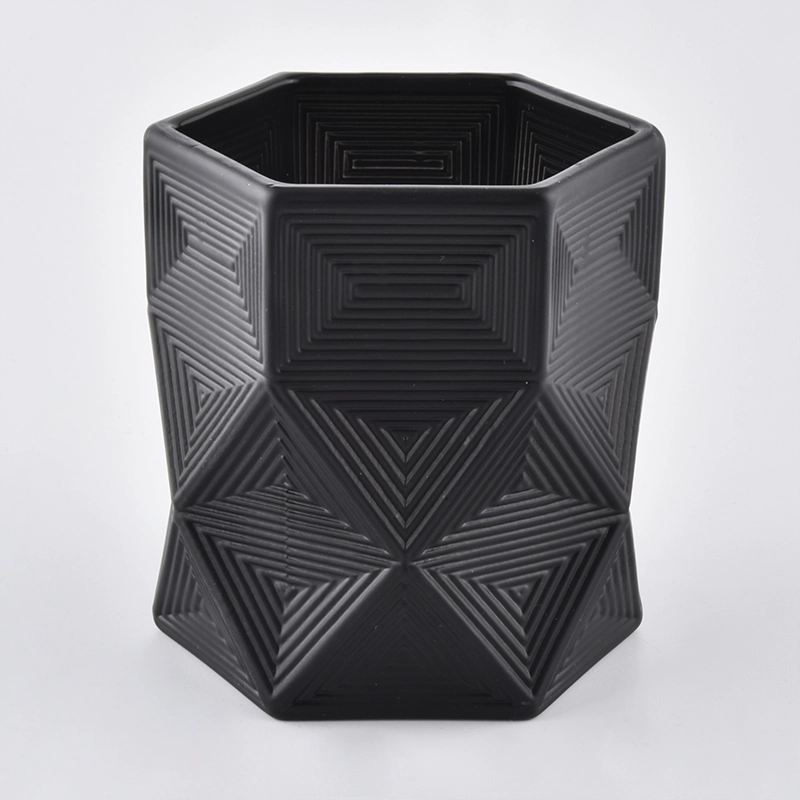 6oz hexagonal luxury black glass candle jars with geo cut design
