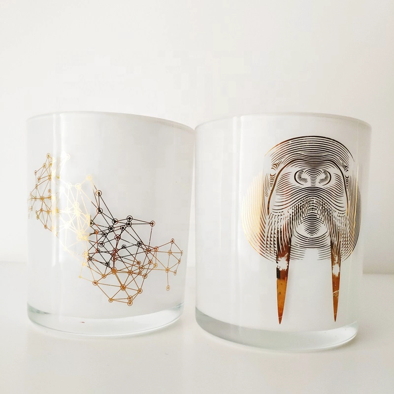 white glass candle vessels with gold decal, 12 oz cylinder candle containers