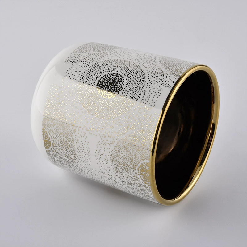 ceramic candle holder with shiny gold pattern, gold inside ceramic candle jar
