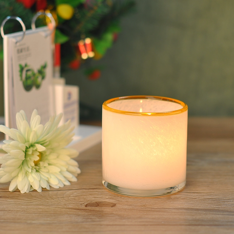 17oz White with Yellow Rim Glass Candle Holder Home Decor