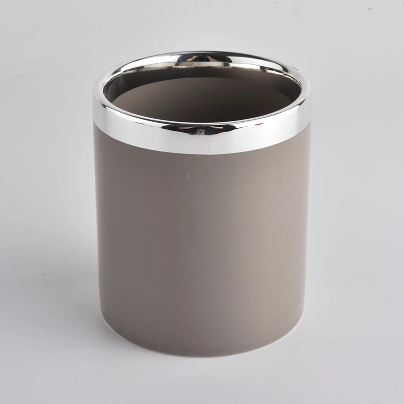 grey ceramic candle container with silver rim top, decorative ceramic candle holders for home decor