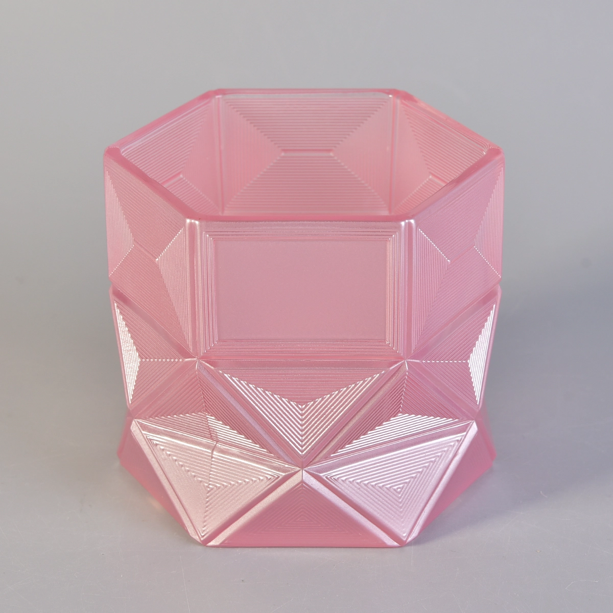 hexagon shaped glass candle holder, pink glass vessel for candle making