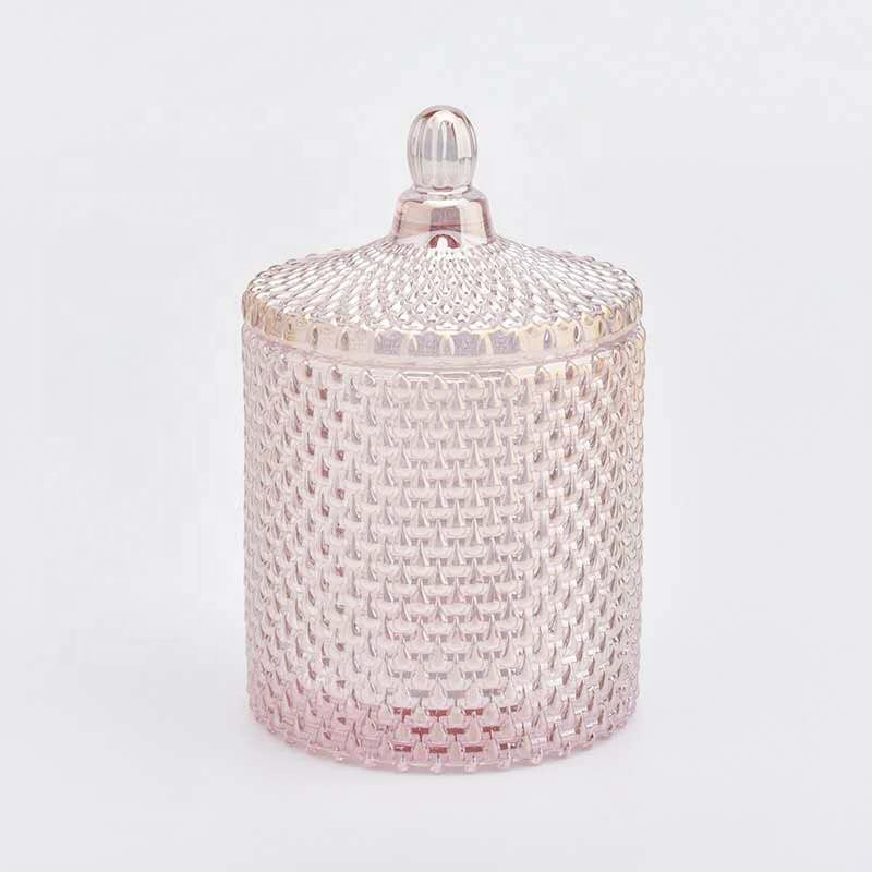 Raindrop Geo Cut glass candle vessel with lid, pink luxury candle holder for home decor