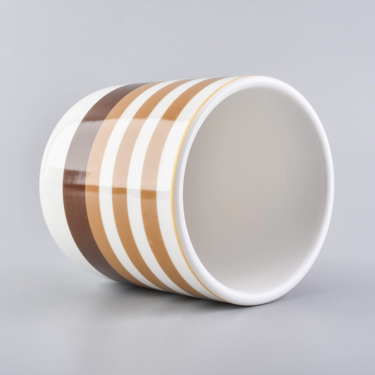 white ceramic candle vessel with yellow lines, popular shape ceramic candle jars wholesales