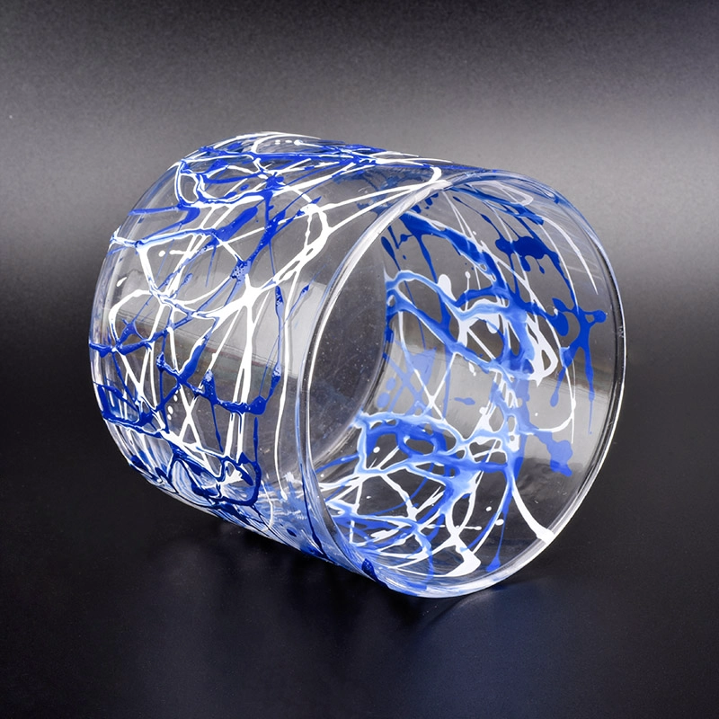 glass vessel with random lines painting, decorative cylinder glass candle jars