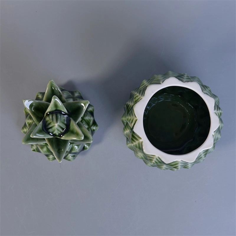 Pineapple shape ceramic candle jar with lid green color home decoration