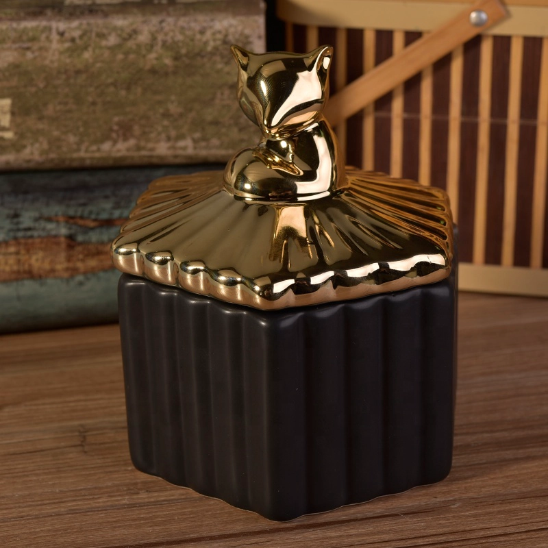 Geo black square ceramic candle jar scented candle container with metal lid home decor