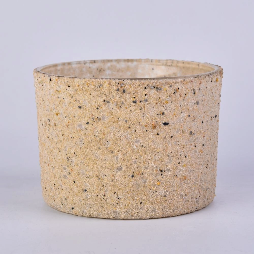 big glass candle jar with sand grain covering, large unique glass candle vessel