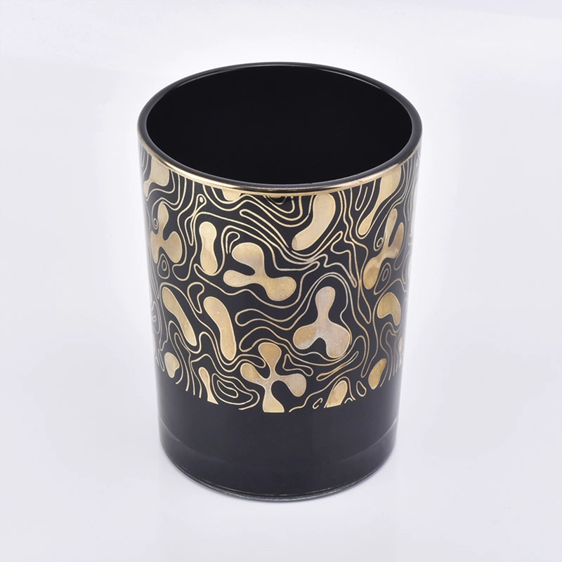 black glass candle container with gold patterns, unique glass candle jar for home decor