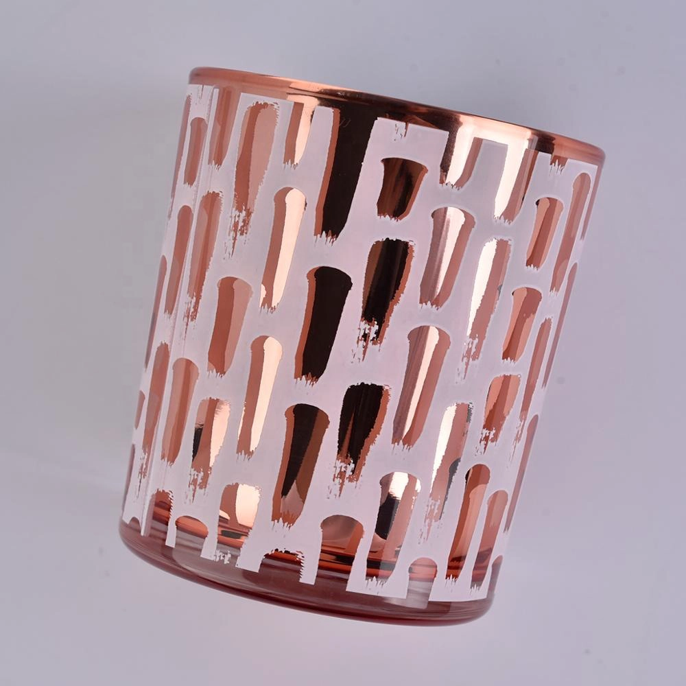 Rose gold electroplated glass vessels for candles, glass candle jar with screen prints wholesale