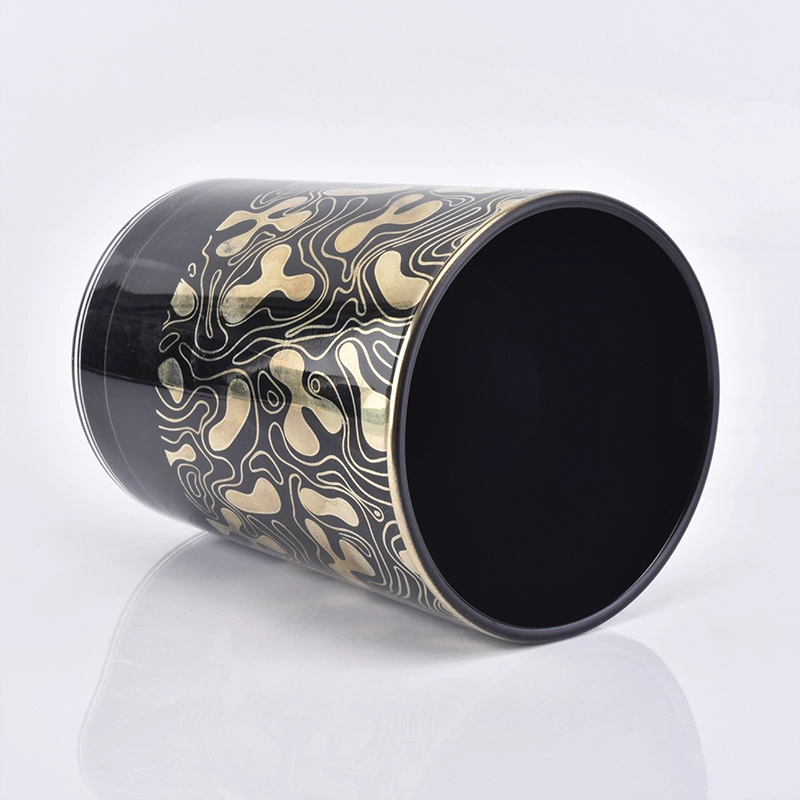 black glass candle container with gold patterns, unique glass candle jar for home decor