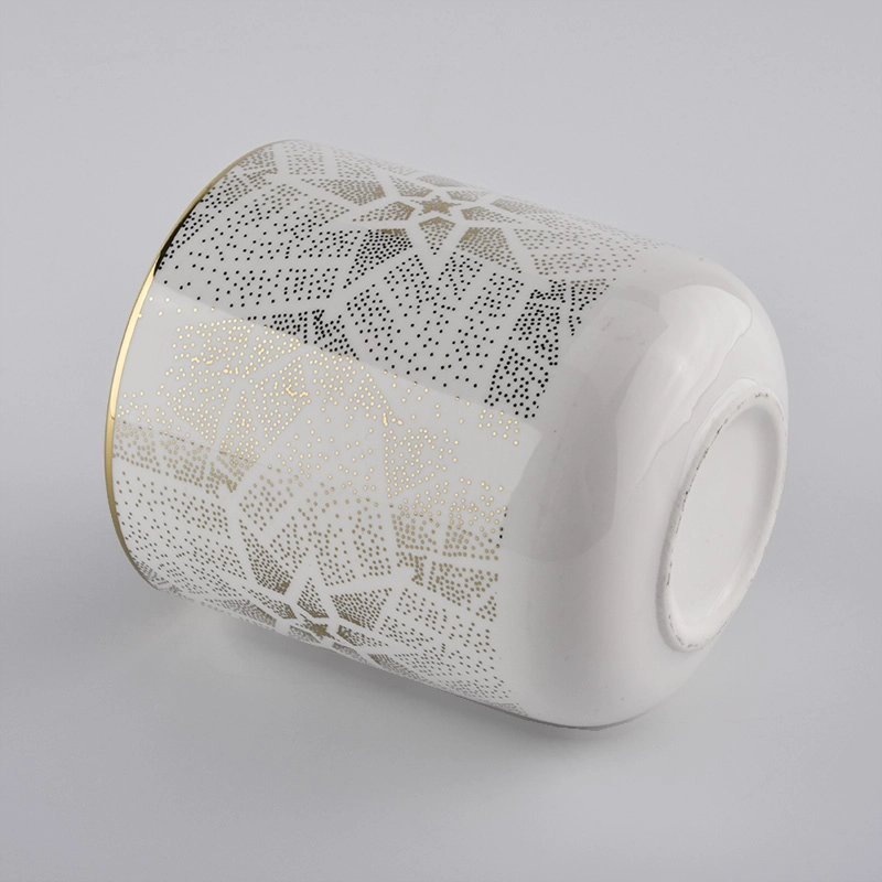 electroplated ceramic candle holder, white ceramic candle jar with shiny gold pattern