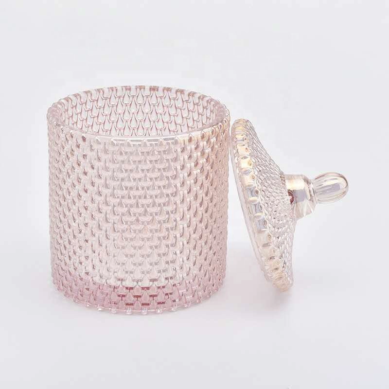 Raindrop Geo Cut glass candle vessel with lid, pink luxury candle holder for home decor