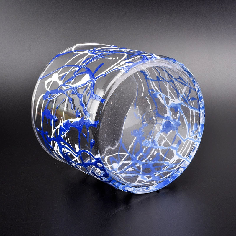 glass vessel with random lines painting, decorative cylinder glass candle jars