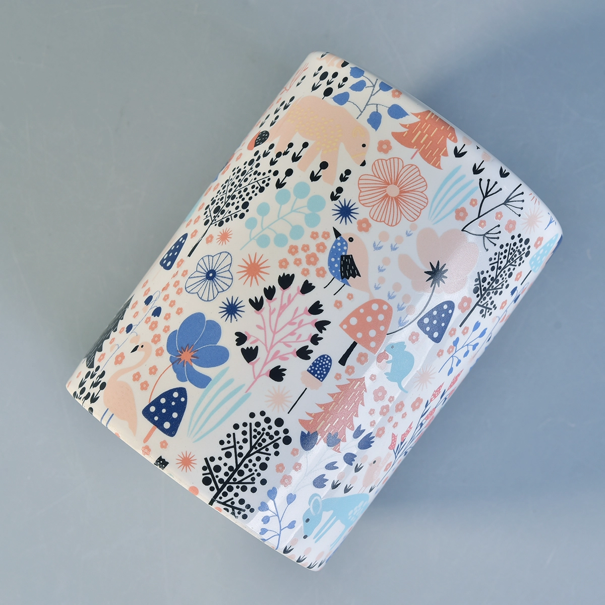 white ceramic candle container with custom prints, 12 oz decorative ceramic candle jars