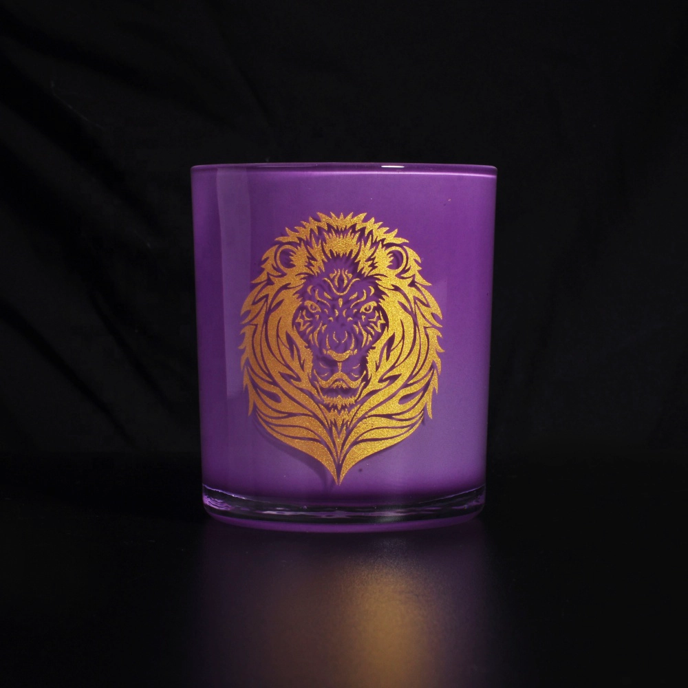 purple glass vessel with gold decal, candle container glass