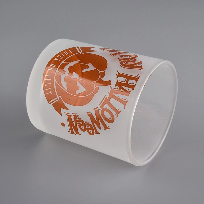 frosted white glass candle votive jar with colorful printing