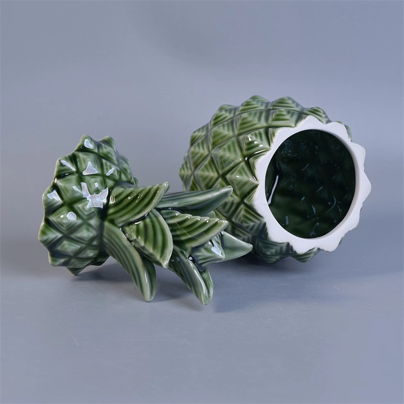 Pineapple shape ceramic candle jar with lid green color home decoration