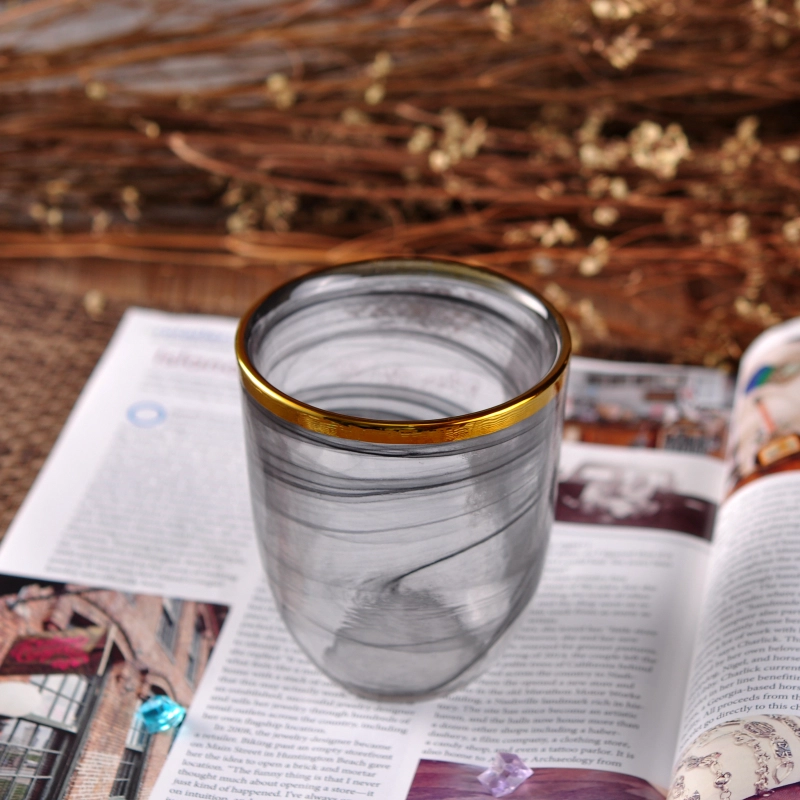 Thin smoke black glass candle jars with gold rim home decoration wholesale