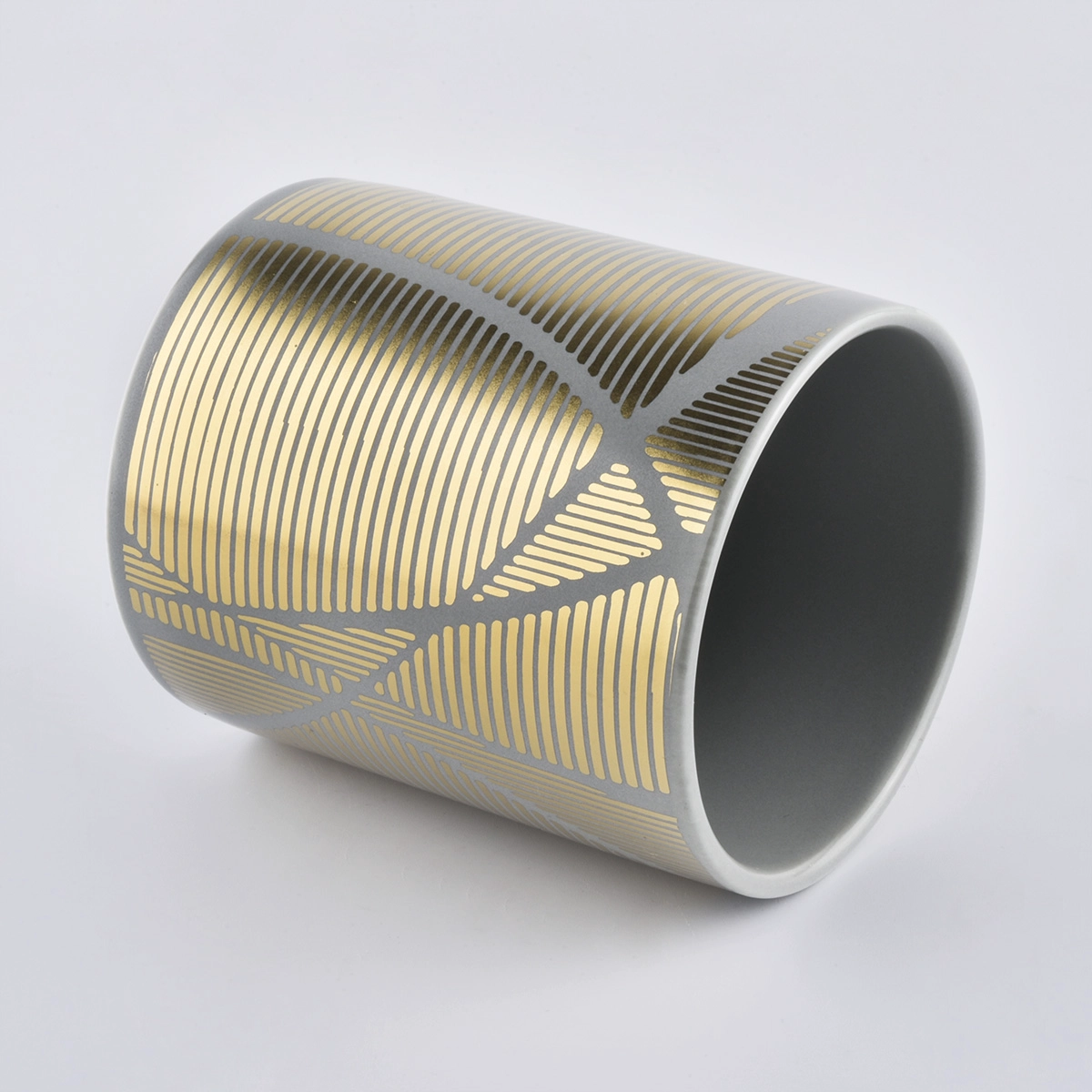 cylinder ceramic candle vessels with shiny gold stripes, unique ceramic candle holders