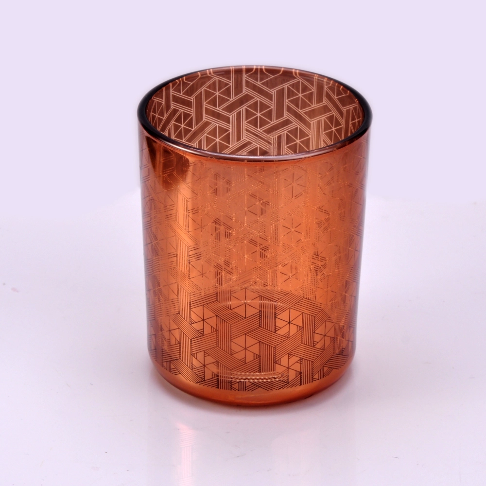 shiny brown glass candle vessel with laser printing, decorative glass jar for home decor