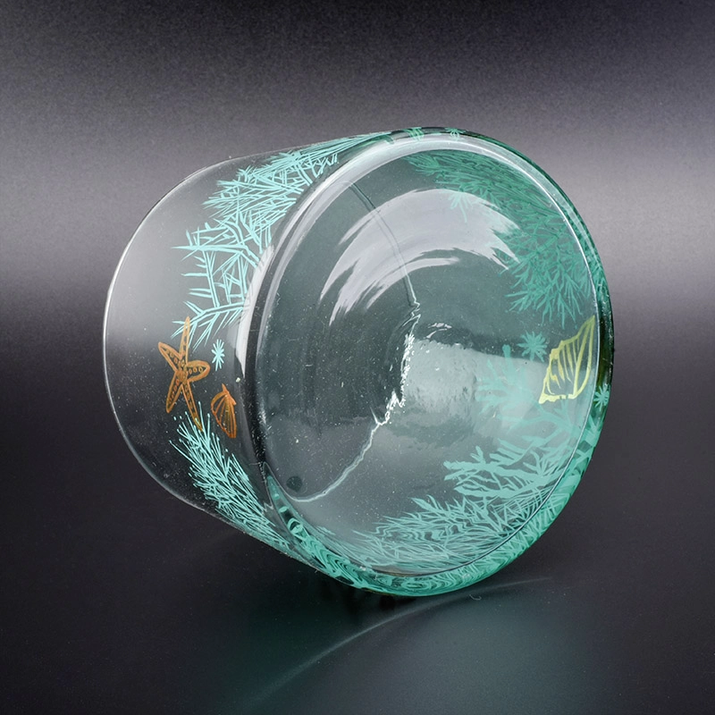 ocean designed glass candle vessel, bell shaped glass jar with hand painting