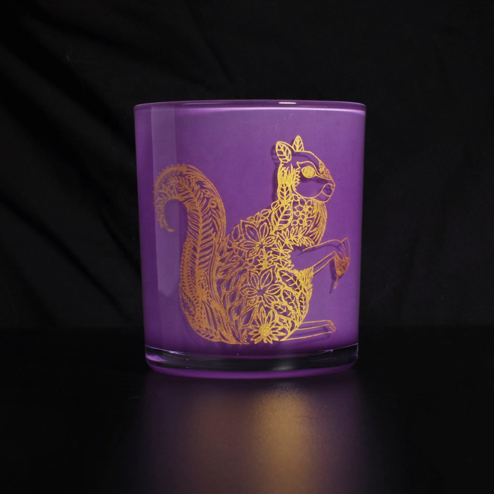 purple glass candle jars with custom decal gold printing