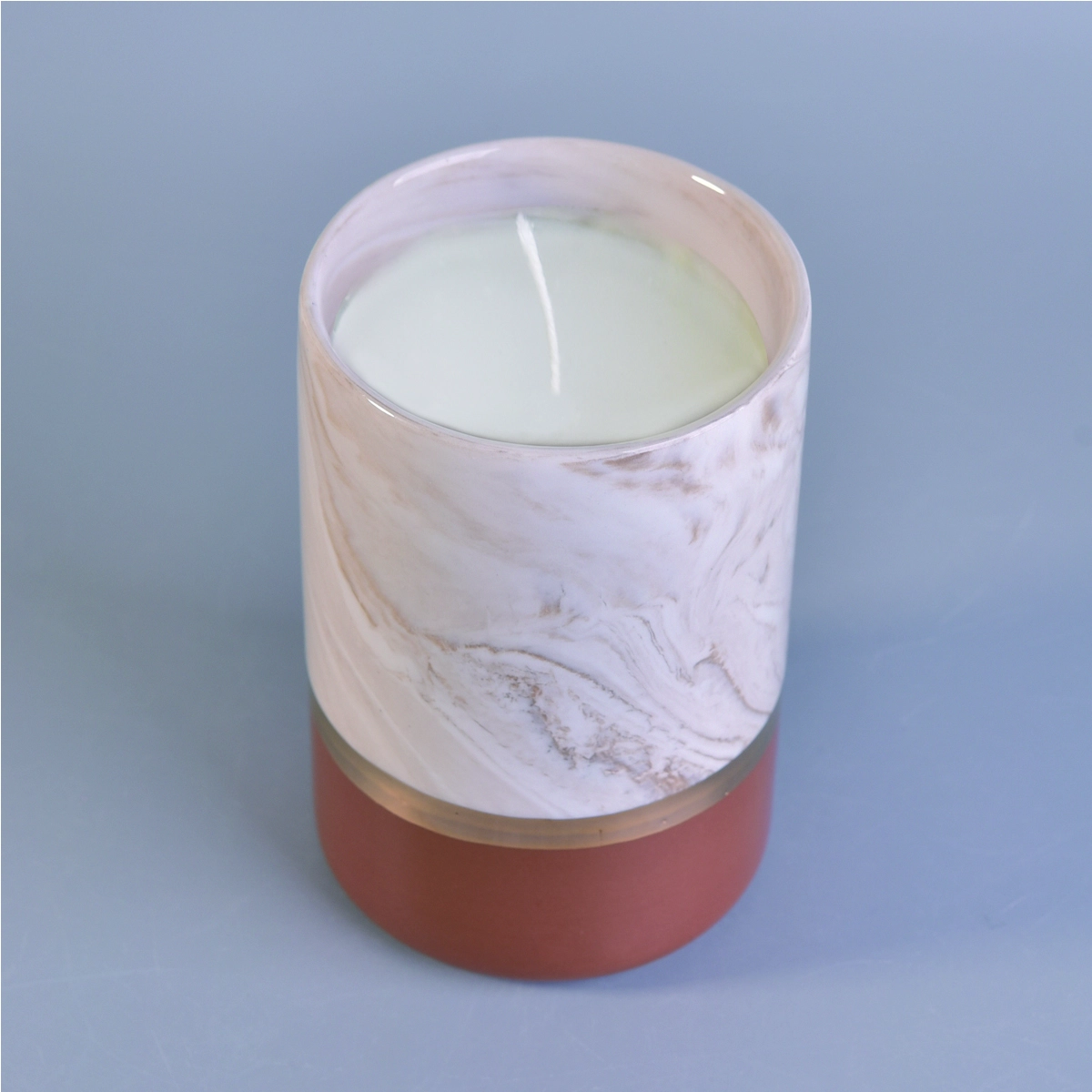 brown marbling ceramic candle jar, ceramic candle holder with gold ring