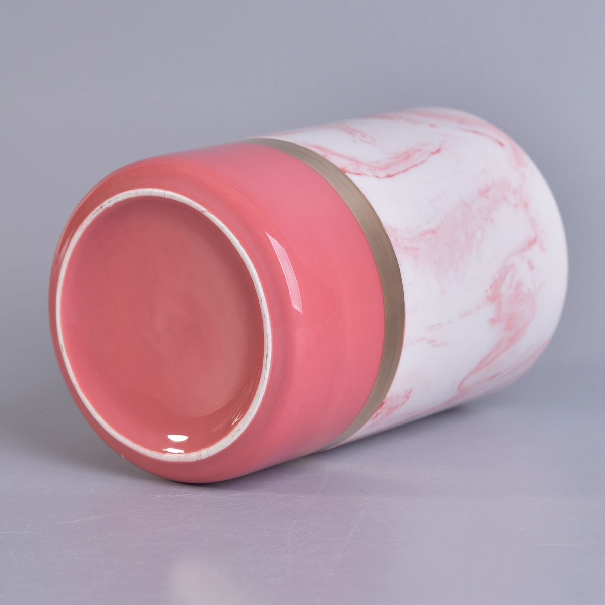 marbling cylinder ceramic candle holder, ceramic candle container with gold decal