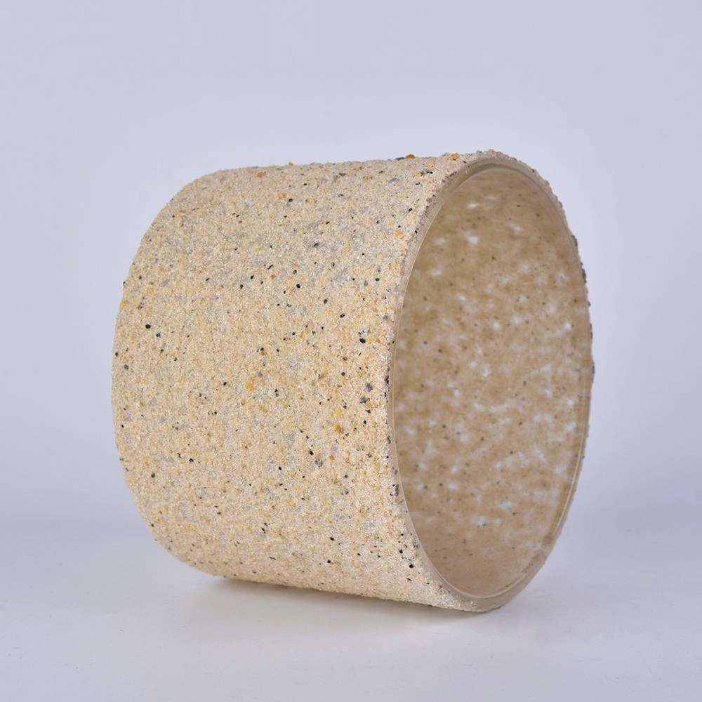 big glass candle jar with sand grain covering, large unique glass candle vessel